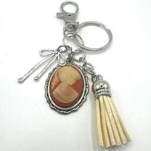 Vintage Victorian Lady Cameo Oval keychain or bag charm w/ tassel& bow NWT